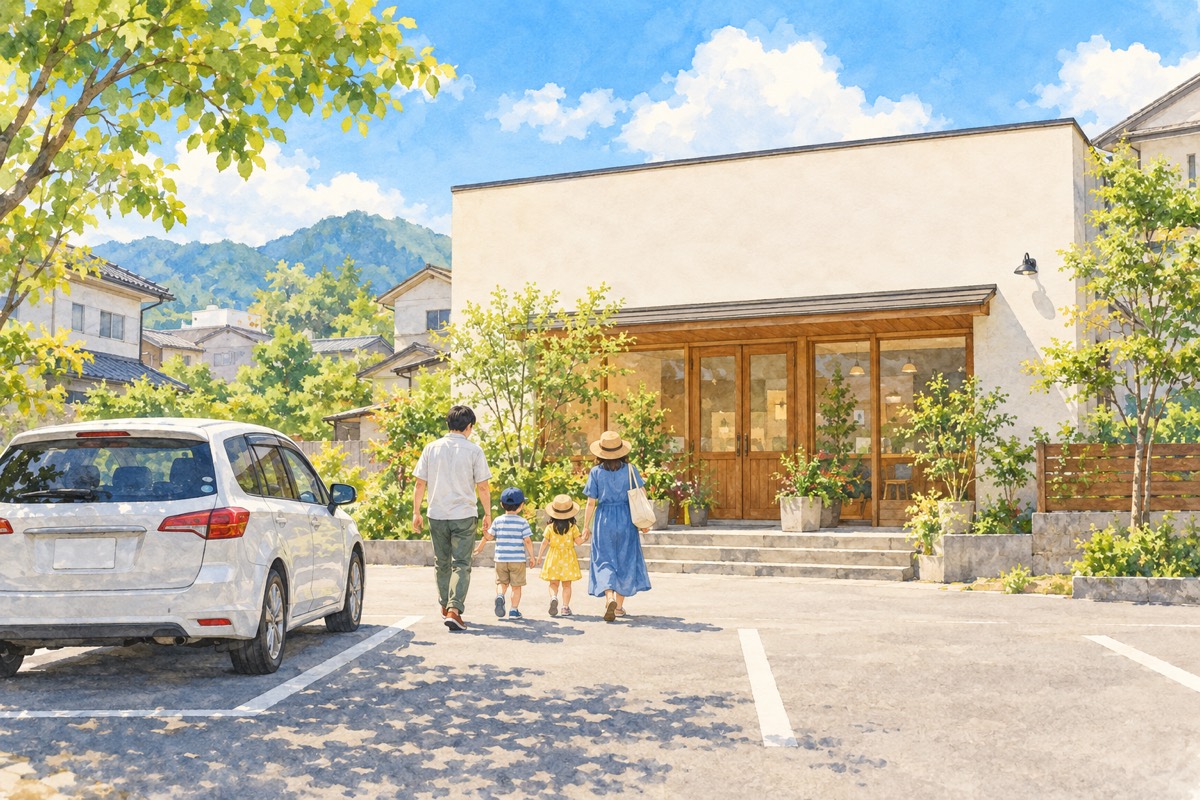 家族が車で訪れる晴れた日の小さなお店