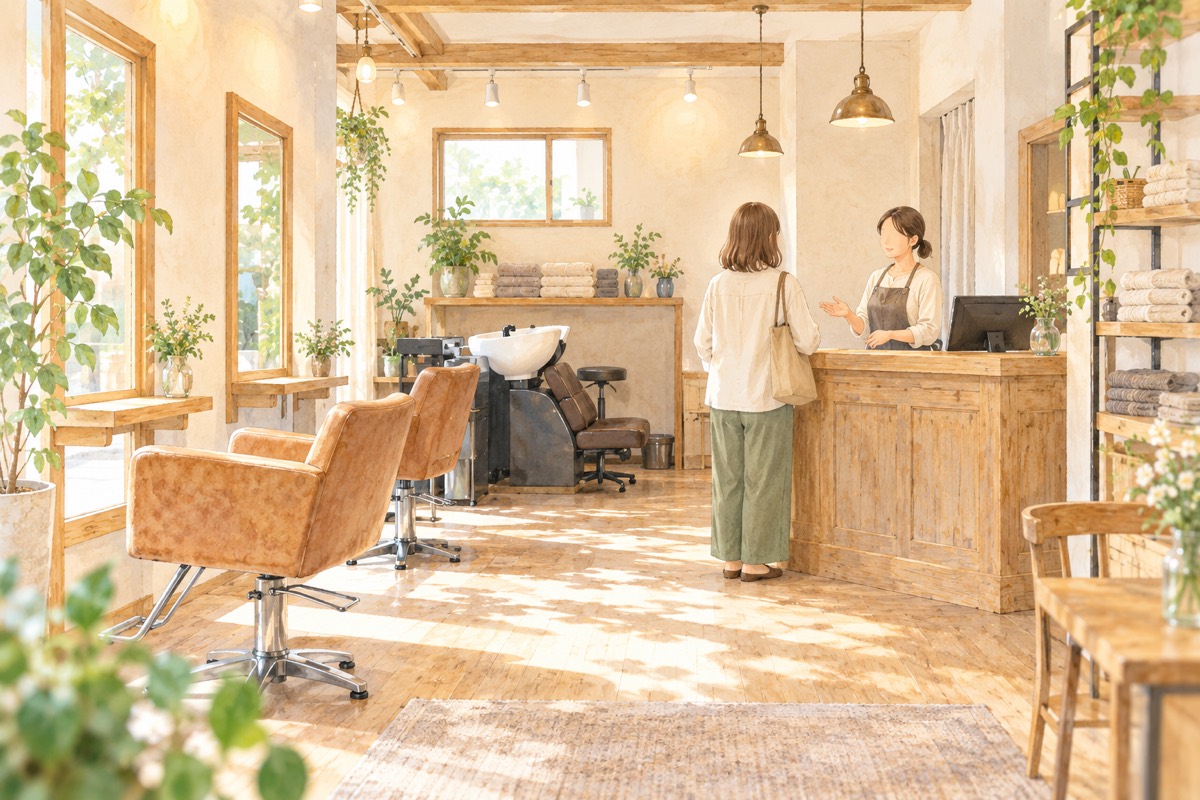 明るい美容院の会計で常連客に声をかける店主