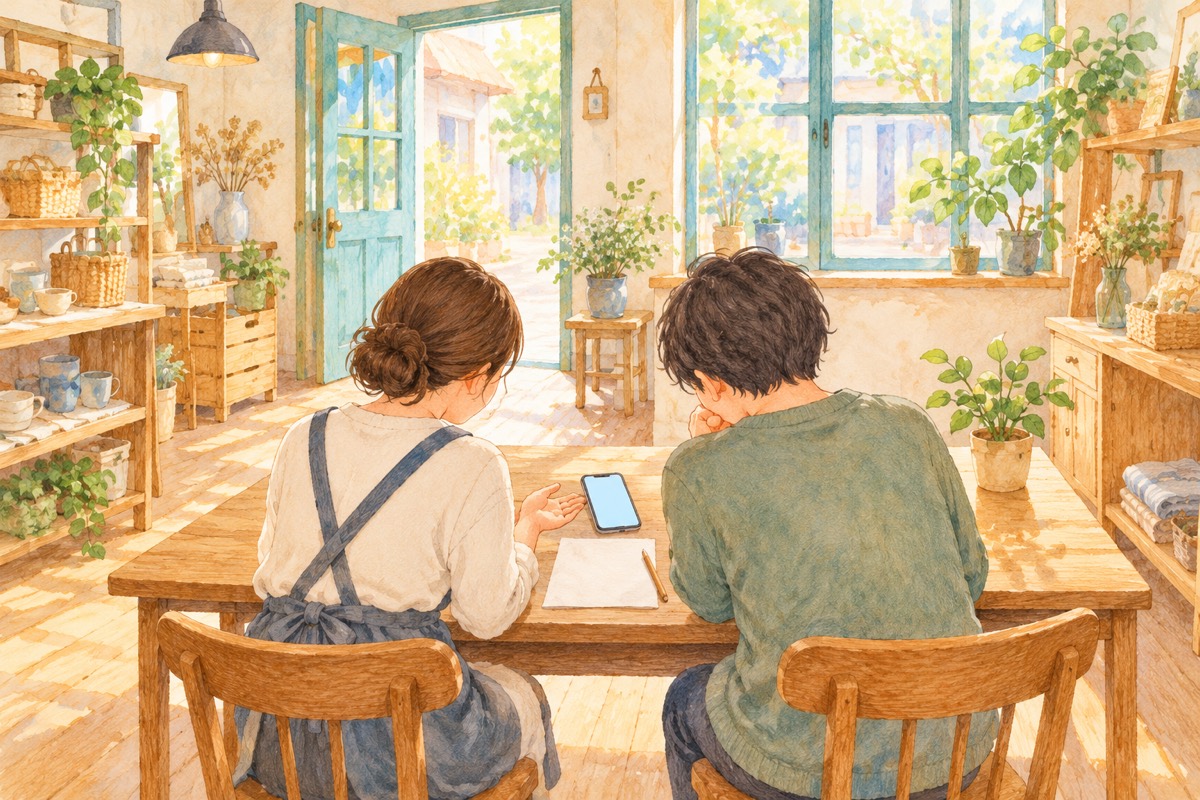 小さなお店でスマホを前に並んで相談する店主とお客さん