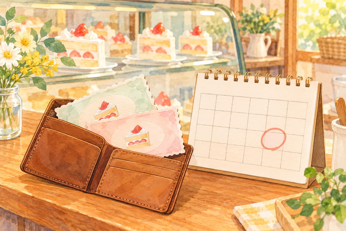 ケーキ屋のカウンターに並ぶ財布の券とカレンダー