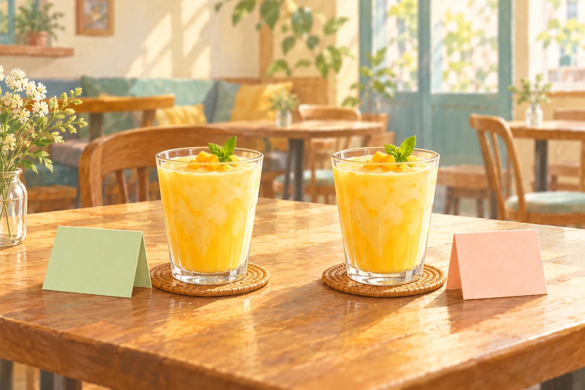 小さなカフェのテーブルに並ぶ同じマンゴーラッシー2杯