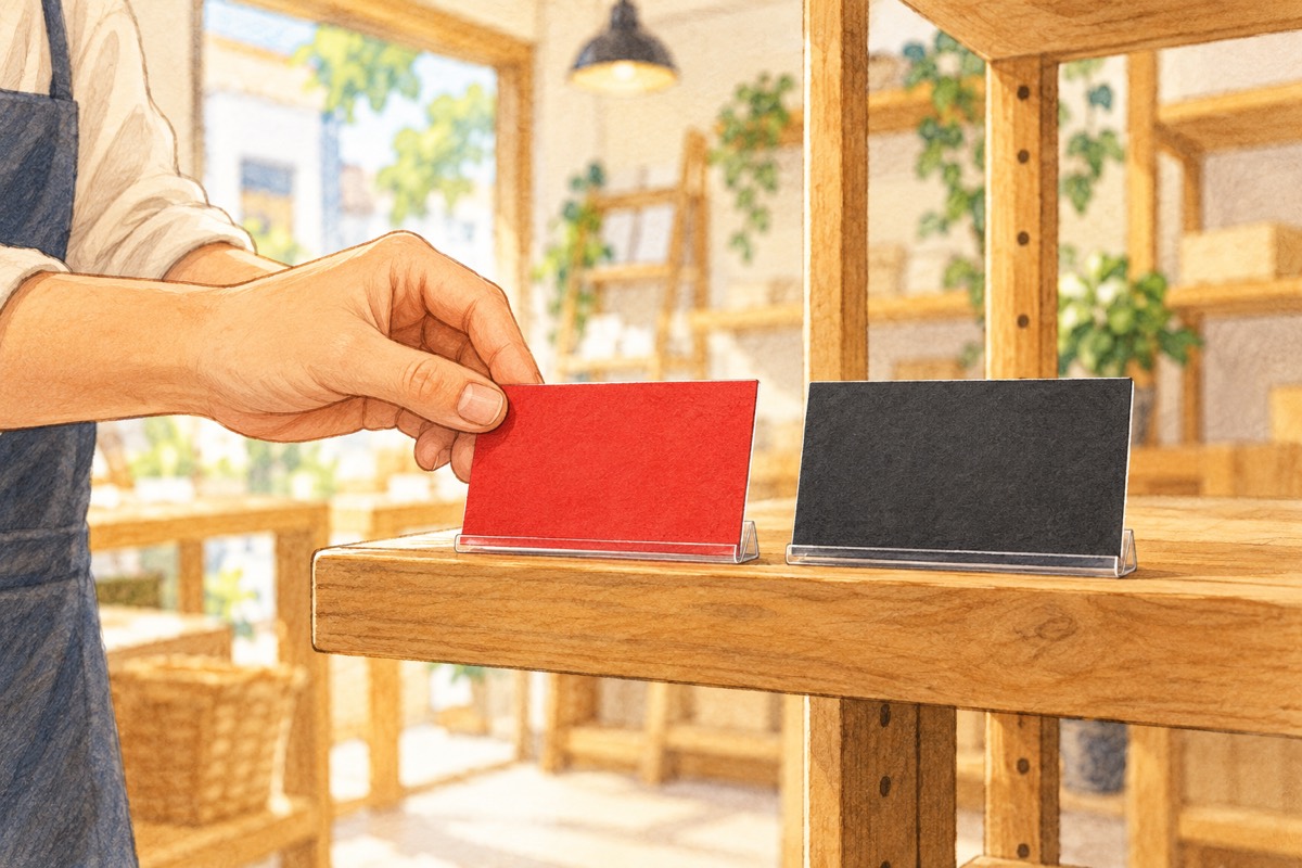 小さな店の棚に、赤と黒の値札を並べる店主の手