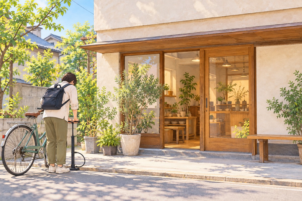 店先で自転車の空気を入れる人を描いた挿絵です。