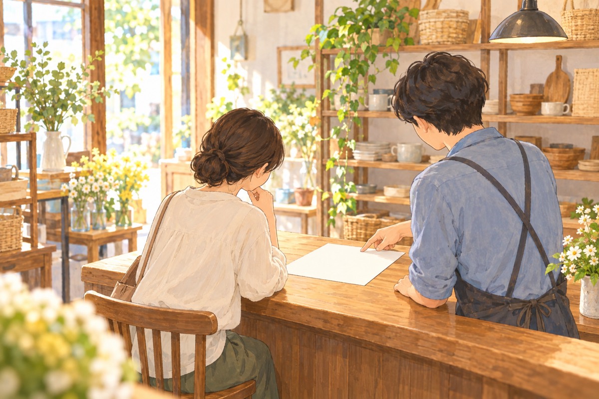 店主が示した白い提案書を前に、お客さんが考える場面。