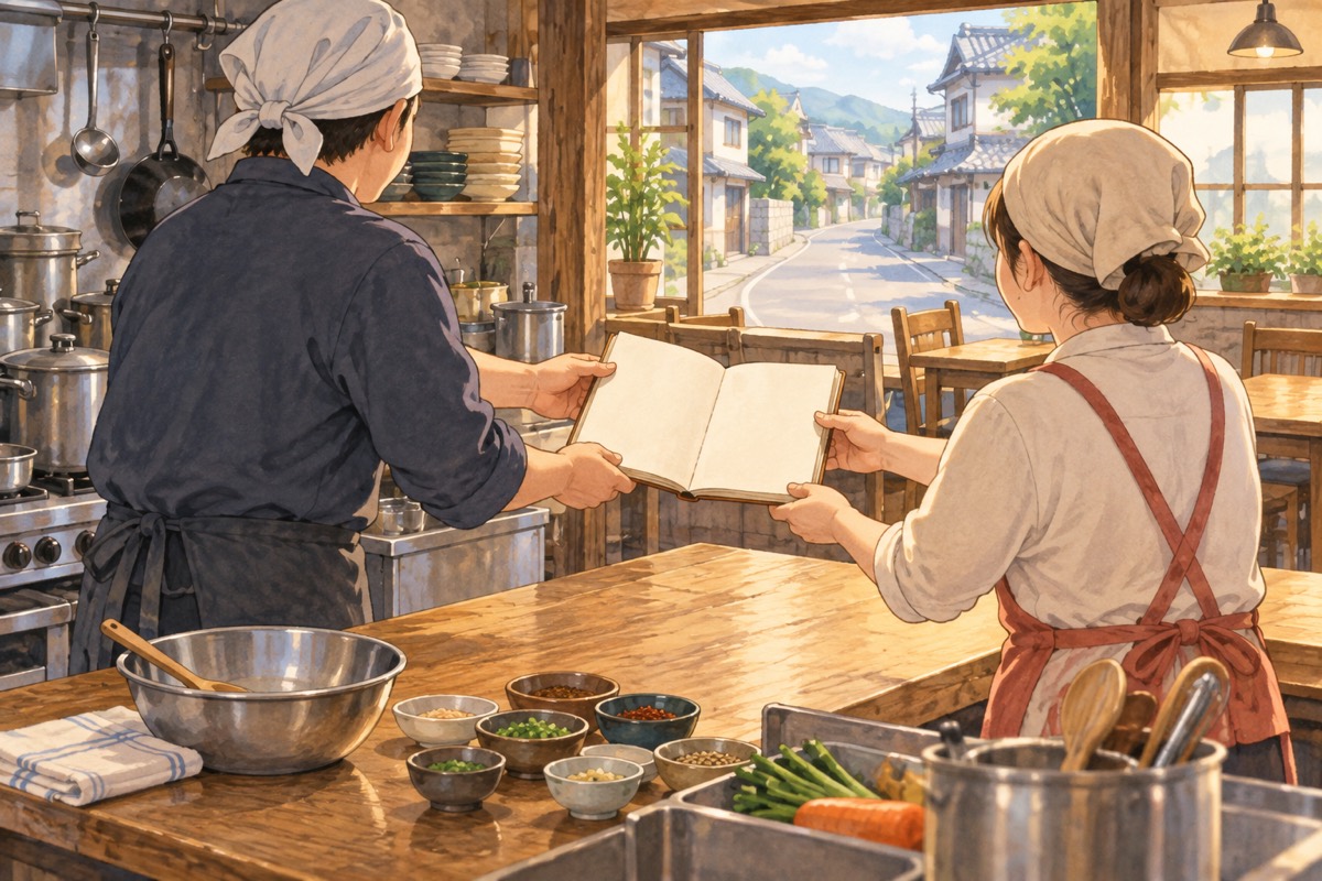 静かな街道沿いの食堂で、別の店主へレシピを手渡す場面