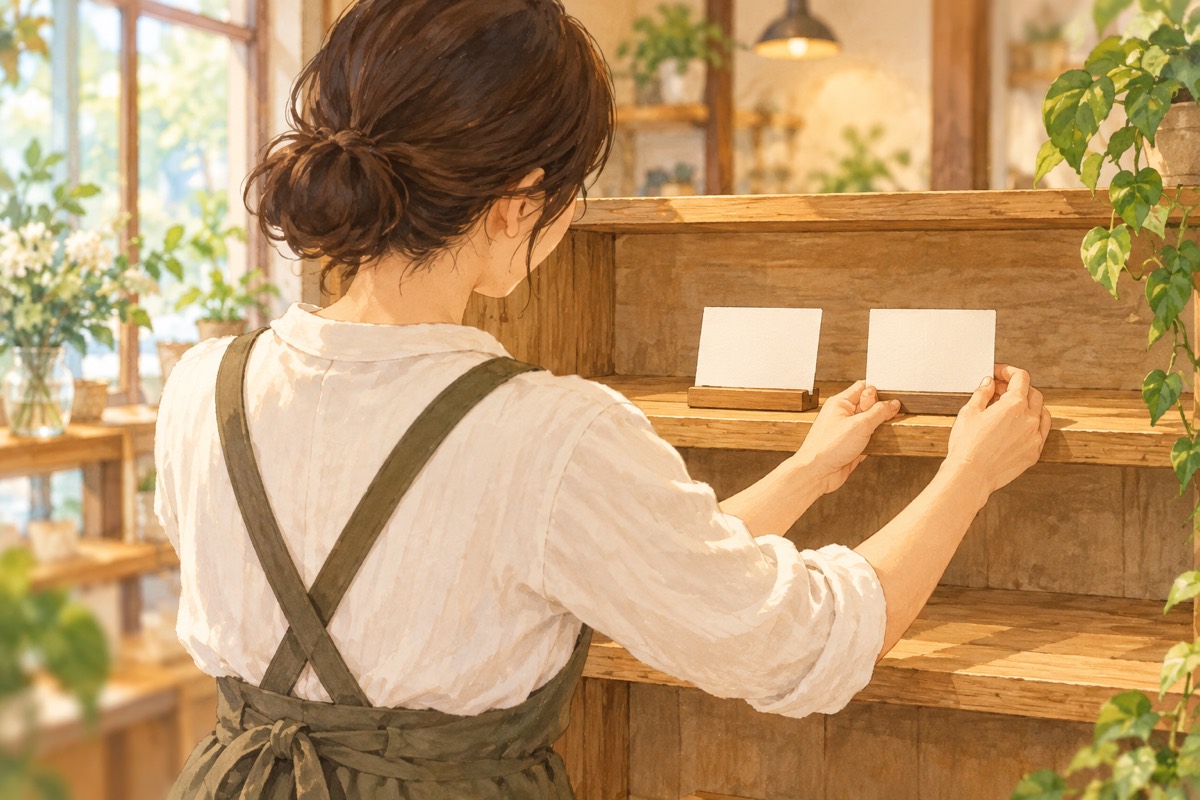 店主が棚の値札の横に説明カードを添える絵