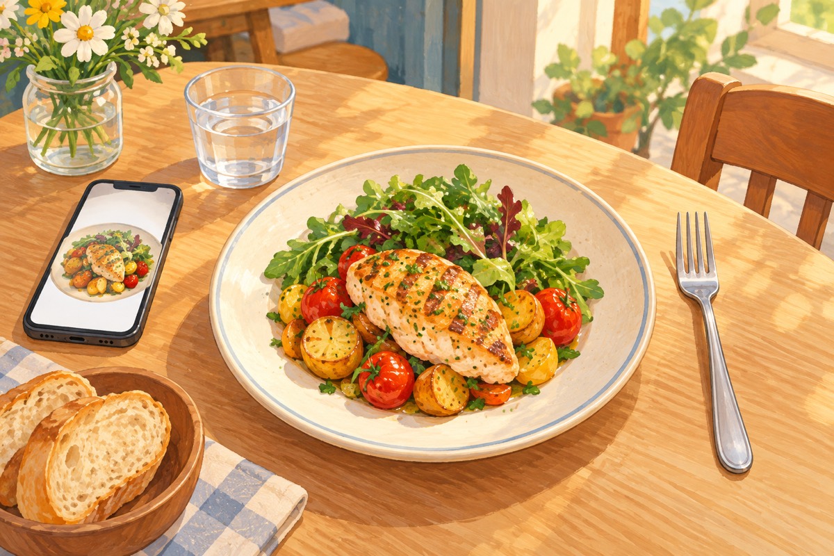 料理の右側にフォークを置いた小さな店の食卓