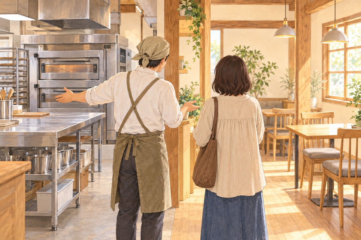 パン屋の店主が、仕事場と新しいカフェ席のつながりをお客さんに伝える絵