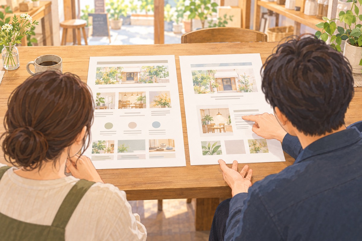 個人店のテーブルで、2つの提案書を並べて比べる場面。