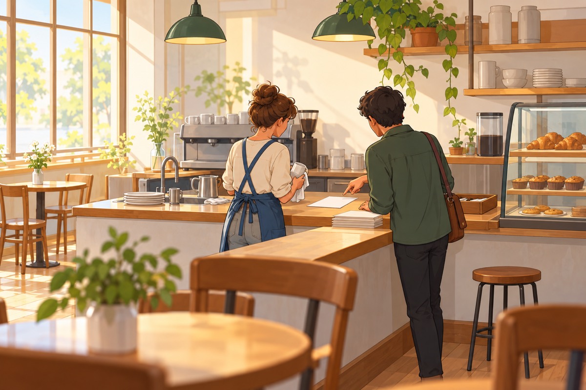 小さなカフェで、店主と訪問者が一枚の紙を前に話す場面。