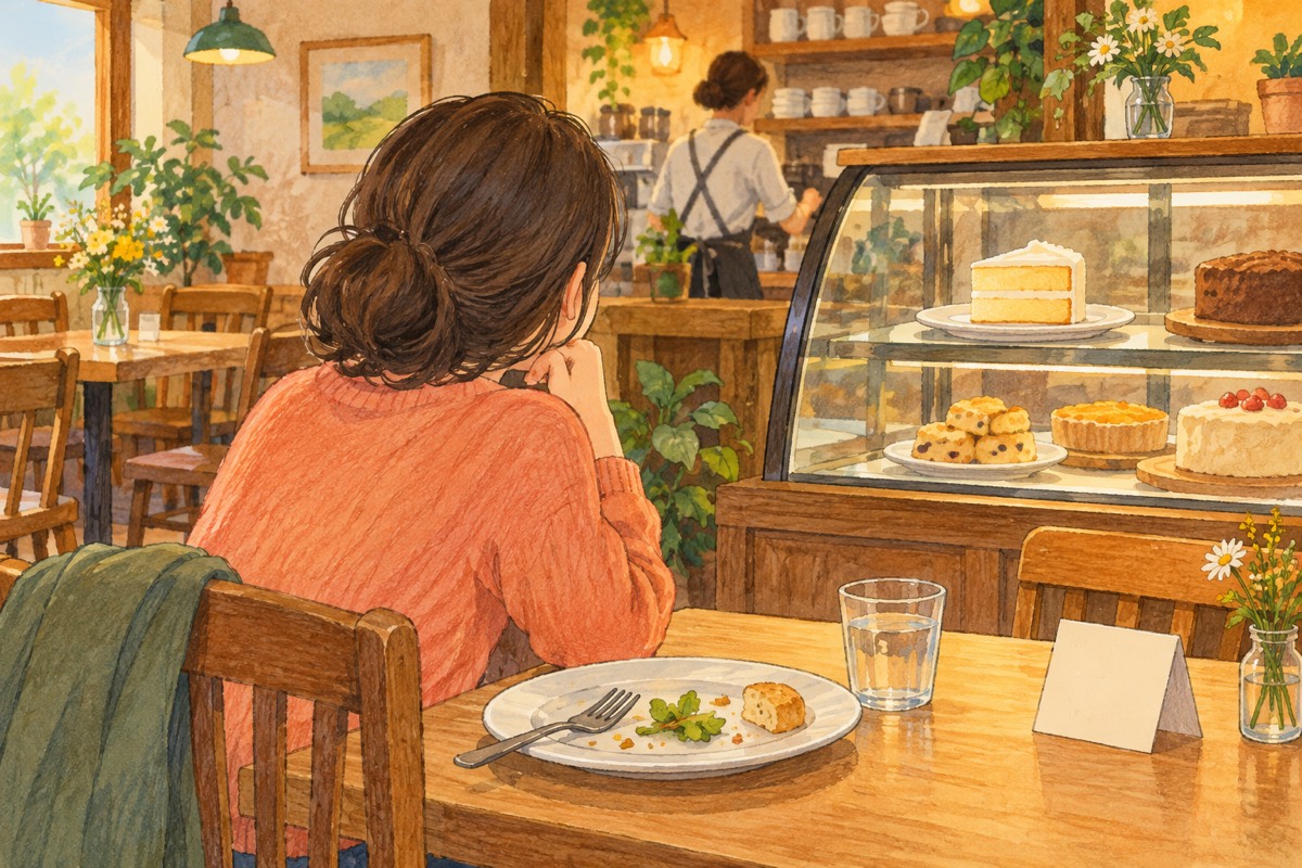 ランチのあと、ケーキを頼むか迷うお客さん